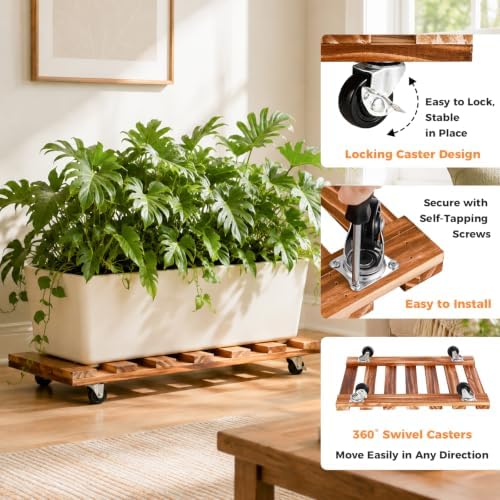 2 Pack Rectangular Plant Caddy with Wheels, 17.5 x 12 Inch Wooden Rolling Plant Stand, Mobile Plant Dolly for Large Heavy Pots, Indoor Outdoor Flower Pot Mover for Patio, Garden, Balcony