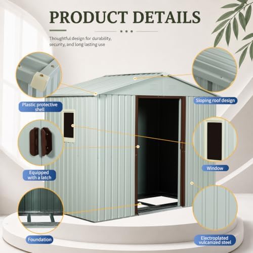 8 x 4 FT Outdoor Storage Shed, Metal Garden Shed with Floor Frame, Tool Shed Outdoor Storage with Lockable Sliding Doors & Window & Air Vents, Storage House Waterproof for Backyard, Lawn, White