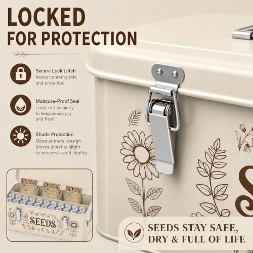 Metal Seed Storage Organizer, Locking Seed Saving Box, Beige