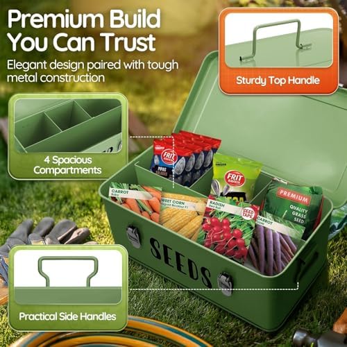 Flexzion Seed Storage Organizer Box, Metal Seed Packet Organizer, Green