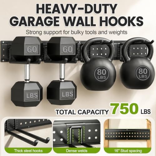 Garage Tool Organizer Wall Mount, 99 Inch Heavy Duty Garage Organization System with 18 Adjustable Hooks, Garden Tool Storage Rack for Garage, Yard & Shed, Holds Up to 750 lbs