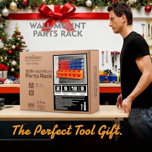 HORUSDY Wall Mounted Storage Bins Parts Rack 30PC Organizer Garage Plastic Shop Tool for Men's Gift, Blue,Orange,Red