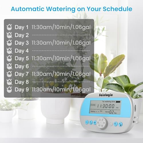 Sainlogic Automatic Plant Waterer for 15 Potted Plants, Self-Watering System with Humidity Monitor Display, Deep Root Irrigation, IP64 Programmable Timer, Ideal for Vacation, Travel and Indoor Garden