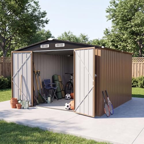 LAUSAINT HOME 10 x 10 FT Outdoor Storage Shed, Heavy Duty Galvanized Steel Storage Shed with Double Lockable Doors, Gable Roof & Air Vent for Backyard & Patio, Brown