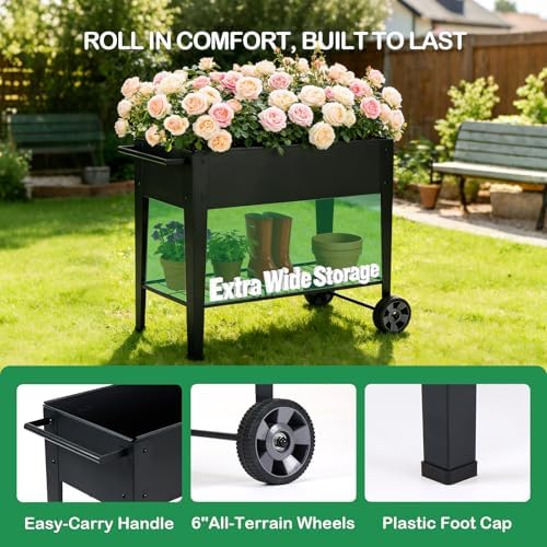 31.5" Tall Elevated Mobile Raised Garden Bed with Wheels and Shelf