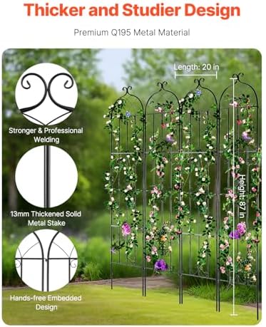 VEVOR Garden Trellis for Climbing Plants, 87 x 20 in, 4 Packs Rustproof Metal Garden Flower Trellis, Outdoor Climbing Rose Cucumbers Support, Decorative Clematis Trellis for Courtyards Lawns