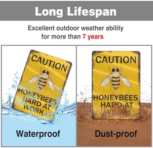 Bee Warning Sign,Caution Honeybees Hard At Work Metal Signs, Funny Bee Wall Decor No Trespassing Tin Poster for Home Garden Yard Farmhouse Wall Decor 8x12 Inches