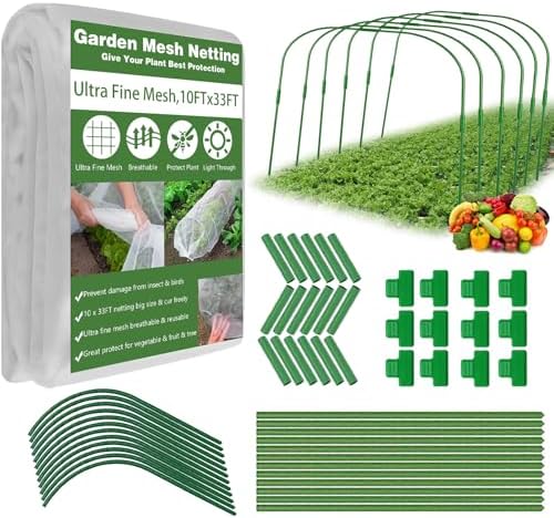 Garden Mesh Netting Kit, 10x33FT Ultra Fine Mesh Netting with 6 Sets Fiberglass Garden Hoops & 12 Clips for Tree Fruit Barrier Vegetable Fruits Flowers Shrubs Plant Covers Net