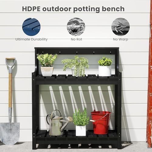 HDPE Outdoor Potting Bench, All-Weather Garden Potting Table with 3-Tier Storage Shelves, 43.3" Ergonomic Height Weatherproof Planting Workbench for Patio, Backyard and Garden, White (Black)