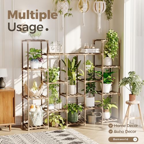 Bamworld Large Hanging Plant Stand Indoor Tall Plant Shelf Outdoor 14 Pots