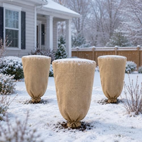 3 Pack 40'' x 24'' Reusable Warm Burlap Winter Plant Cover Bags with Drawstring Burlap Plant Covers Freeze Protection Large Plant Frost Cloth Cold Freeze Blanket Protecting Fruit Tree Potted Plants