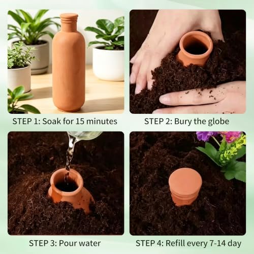 4 Pack Terracotta Self Watering Plant Bottles 900ml Automatic Clay Watering Globes with Free Garden Fork Spoon for Houseplants Outdoor Garden Plants