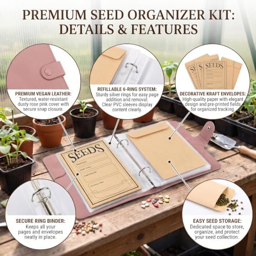 Seed Storage Organizer Binder, Efficient Seed Packet Organizer with 50 Pack Seed Envelopes, PU Garden Seed Holder Book, Seed Binder for Garden Planner, Flower Seed Keeper (Pink)