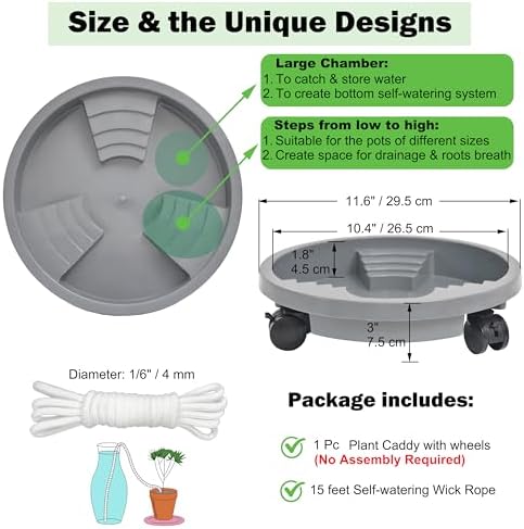 1 Pack 12 inch Plant Caddy with Wheels, Drainage & Self-Watering Design, Movable Wheeled Round Planter Saucer Stand Coaster, Planter Pots Dolly Rack Tray Indoor Outdoor