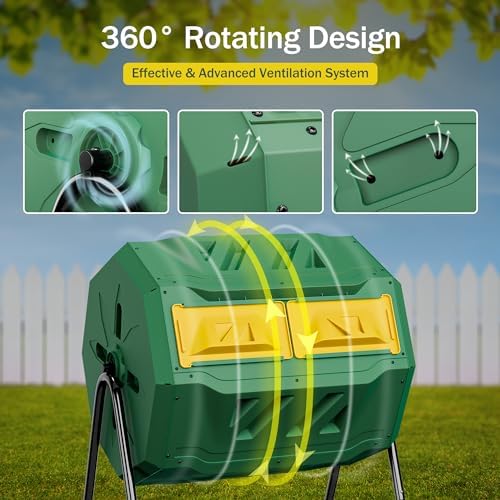 JupiterForce Outdoor Dual Chamber Compost Tumbler 43 Gallon Large Compost Bin Outdoor 360° Rotating Tumbling Composter with 2 Sliding Doors for Kitchen, Garden, and Yard Waste, Green (BPA Free)