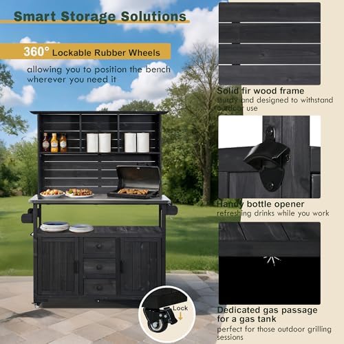 LUMISOL Potting Bench with Stainless Steel Top, Outdoor Kitchen Island with Lockable Wheels, 47.2''L Garden Storage Workstation with Drawers, Door Shelves and Hutch, for Gardening, Black