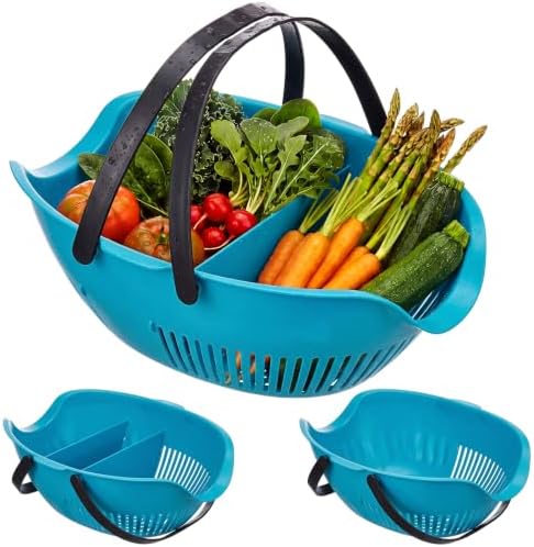 Nuogo 3 Pcs Garden Harvest Basket with Dividers Tool Caddy, Blue, Black