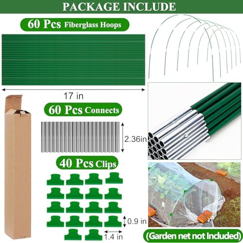 60Pcs Greenhouse Hoops Grow Tunnel Wide, 8FT Rust-Free Fiberglass Support Garden Hoops Kit for Raised Beds Plant Cloth Row Cover Netting-DIY Plant Support Garden Hoop for Netting-40Pcs Clips