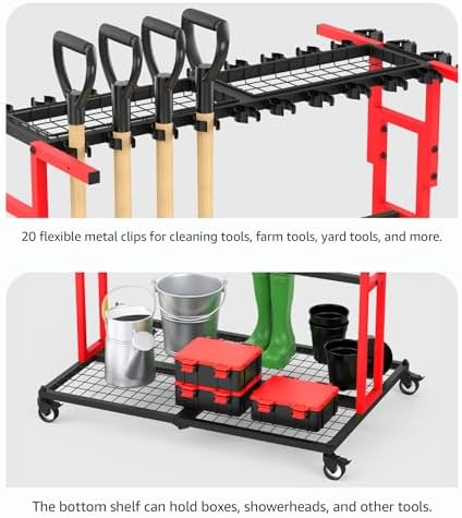 CCCEI Garage Organization with Wheels, Outdoor Gargen Yard Shed Tools Organizer Cart, Home Storage for Cleaning Supplies, Broom Holder, for Shovel and Rake, Long Farming and Farming Tools, Red.