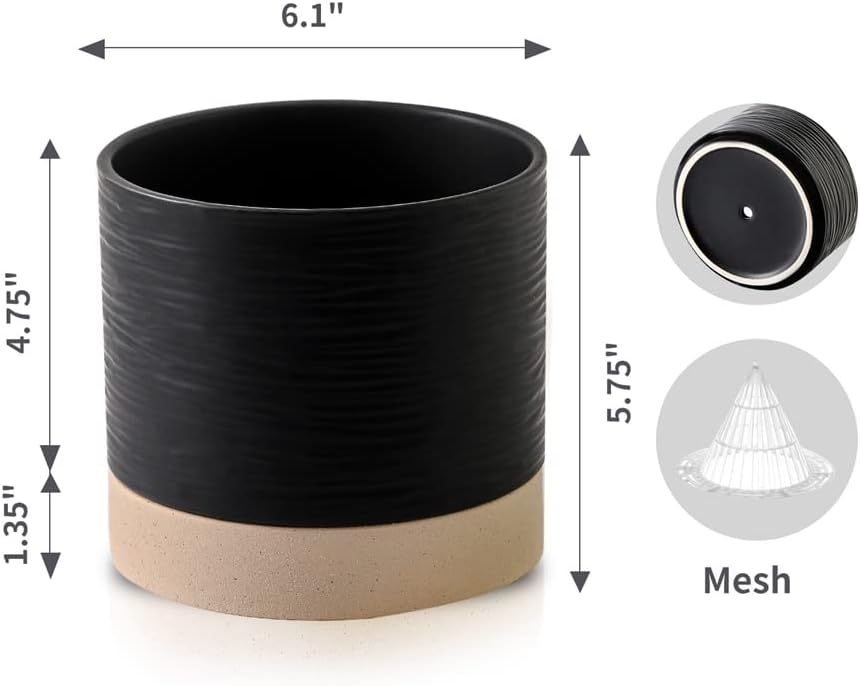 Nihow Ceramic Plant Pot: 6 Inch Planter with Drainage Hole & Saucer for Indoor & Outdoor Plants - Cylinder Round Flower Pot for Succulent/Herbs/Violets - Black & Brown