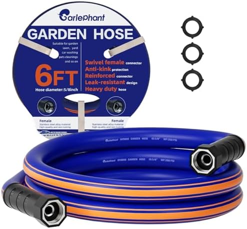 short garden hose 6 feet x 5/8Inch, Female to Female Hose with Swivel Handle, Heavy Duty, Flexible, Sturdy, Lightweight, Double Females Fittings, Ideal for Hose Reel