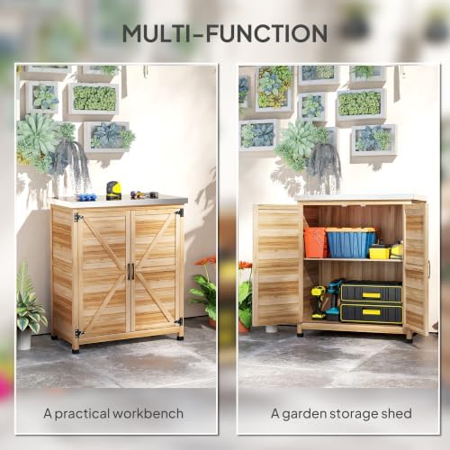 Outsunny Outdoor Storage Cabinet with Metal Tabletop Shelves Natural Wood