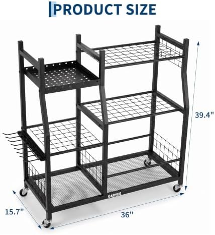 3-Tier Garden Tool Organizer with Wheels, Heavy-Duty Steel Garage Rack