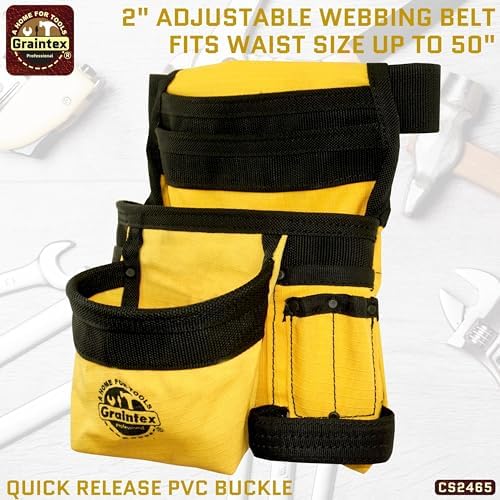 Graintex CS2465 10 Pocket Finisher Canvas Tool Pouch Yellow Color, 2” Webbing Belt, Multipurpose Tool Bag for Tools, Electrician Tools, Tool Pouch Bag for Plumbers, Carpenter Pouch