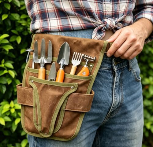 Gardening Tool Pouch for Waist, Hands-Free Canvas Tool Belt with 6 Pockets – Adjustable Waist Apron for Gradenging Tools (Gardening Tools NOT Included)-(Brown)