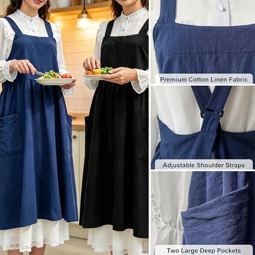 Cotton Linen Apron Cross Back Apron for Women with Pockets Pinafore Dress