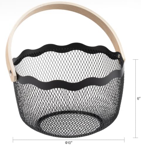 Metal Mesh Steel Harvest Basket, Round Wavy Rim Garden Basket with Handle – Multi-Functional Storage Organizer for Gathering Vegetables, Fruits, Kitchen, Garden, Picnic & Cabinet (Black)