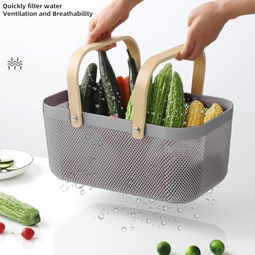 3pcs Collapsible Wooden Handle Plastic Harvest Basket - Rectangular Garden Storage Basket for Picking and Collecting Vegetables, Fruits - Ideal for Garden Cabinets & Outdoor Use (Gray)