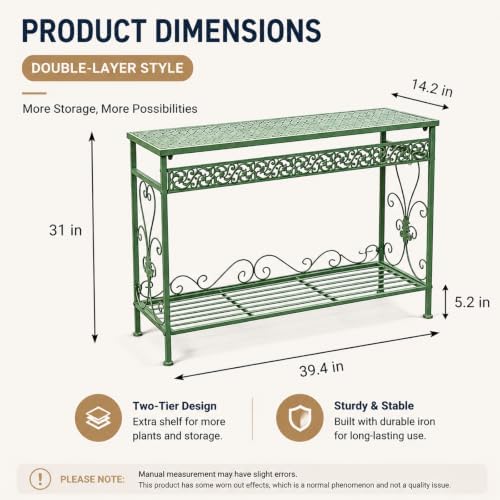 Vintage Wrought Iron Plant Stand & Potting Bench, Indoor & Outdoor Shelving for Gardening, Metal Shelves & Table for Patio Flowers & Plants(Double-Layer, White)