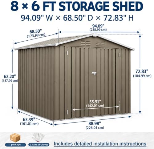 8x6FT Outdoor Storage Shed,Metal Garden Shed with Gable roof,Olive Grey.