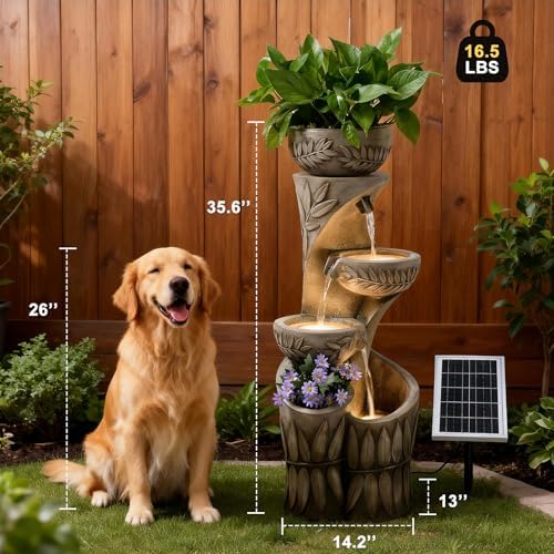 35.6" Solar Outdoor Water Fountain - Relief Leaf Design 4 Tiers Fountains