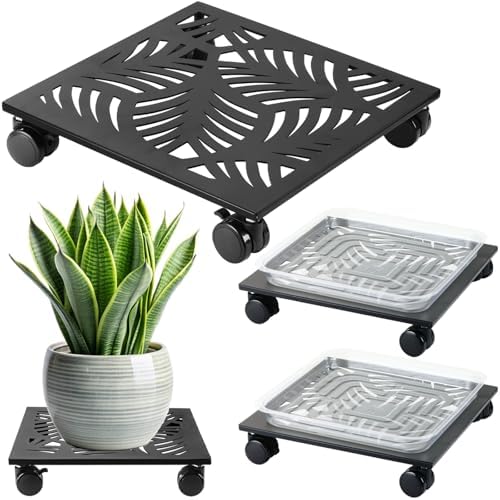 2 Packs 12" Metal Square Plant Caddy with Wheels Large Iron Rolling Plant Stand with Casters Heavy-Duty Plant Dolly Coaster Plant Pot Mover Roller Base for Indoor Outdoor, Black