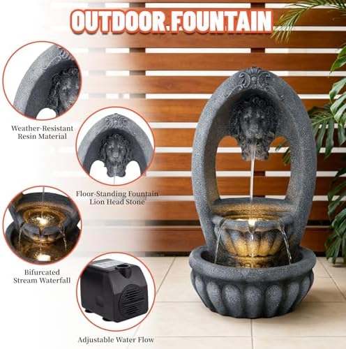 31.1" H Lion Head Fountain, 3-Tier Outdoor Water Fountain with LED Light