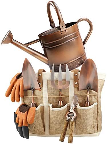 1 Gallon Galvanized Steel Watering Can with 3 Pcs of Garden Tools, 1 Pc of Pruning Shear, 1 Pair of Gardening Gloves，1 Pc of Garden Tools Organizer Tote
