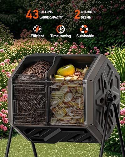 THE Growing 43 Gal Outdoor Compost Bin Tumbler for Backyard Garden, Brown