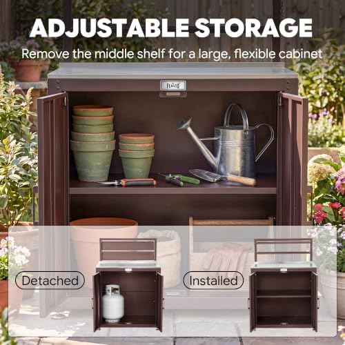 Feasto Outdoor Potting Bench Table with Storage Cabinet, Brown