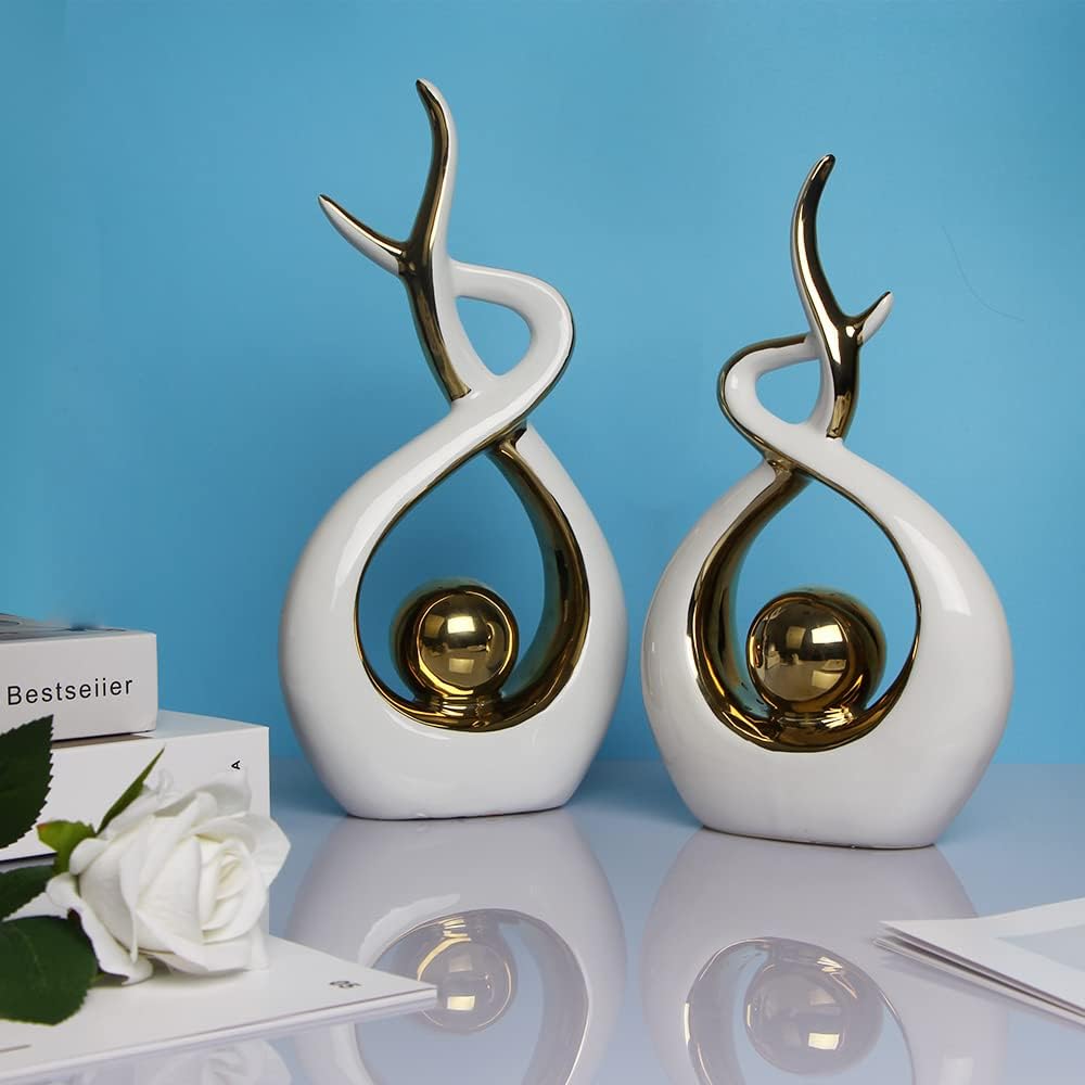 Norrclp Home Decor Modern Abstract Art Ceramic Statue Table Decorations for Dining Room Living Room Office Centerpiece (White and Gold, Large)