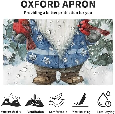 Blue Christmas Gnome Apron Gnome Cardinal Birds Kitchen Apron Winter Aprons with Adjustable Strap Snowy Trees Snowflakes Aprons with Two Pockets for Cooking Baking Crafting Painting