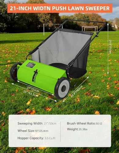 21-Inch Push Lawn Sweeper with 4-Brush System, 3.5 Cu. Ft Push Mower Bag & Heavy-Duty Steel Frame for Yard and Garden Cleanup – Adjustable Brush Height, Collapsible Design