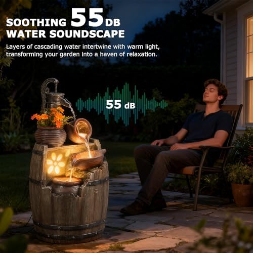 29" H Outdoor Water Fountain Pump and Barrel with LED Lights