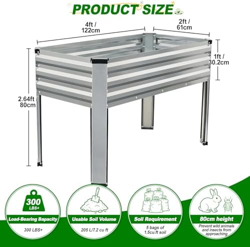 Galvanized Raised Garden Bed with Leg,48x24x32in Elevated Raised Garden Bed