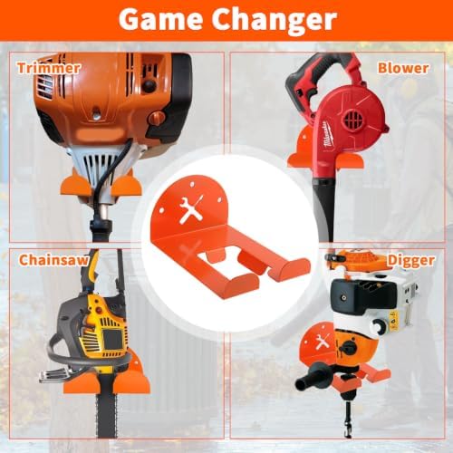 Upgraded Trimmer Rack Wall Mount - 8" Heavy Duty Weed Eater Hanger for Garage Wall, Garden Power Tool Holder Organizer Hooks for Grass Trimmer, Hedge Trimmer, Leaf Blower and Chainsaw, Orange, 2 Pack
