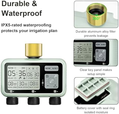Watering Timer 3 Zone with Brass Inlet, Sprinkler Timer, Programmable Garden Outdoor Hose Faucet Timers with Rain Delay, Auto & Manual Watering System,Water Hose Irrigation Timers 3 Outlet for Garden