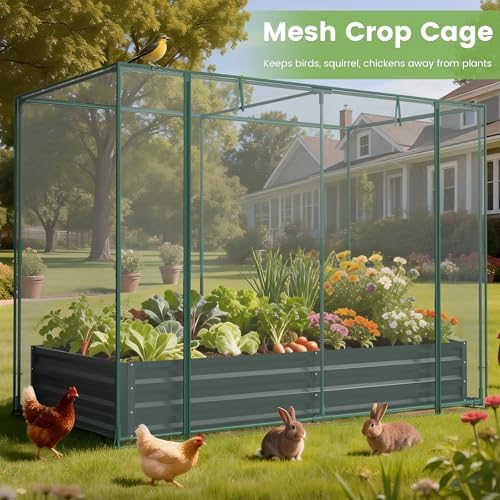 Crop Cage with Raised Garden Bed, 84.6" x 45.3" x 59" Plant Protection Tent Garden Cages with Window, 2 in 1 Galvanized Raised Garden Bed Kit and Mesh Cover for Garden, Yard, Lawn