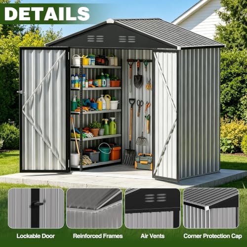 Zamildon's 6x4 FT Outdoor Metal Storage Shed, Weatherproof Galvanized Steel Gable Roof Garden Tool Shed with Lockable Double Doors & LED Light for Backyard Patio Lawn, Gray