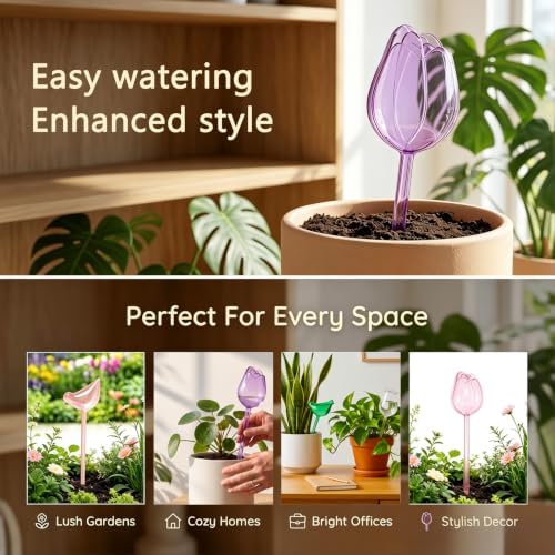 4Pcs Tulip Self Watering Globes Bulbs, 4Pcs Self Watering Globes Bird Shape, Self Water Globe for Indoor Outdoor Plants, Plastic Plant Self Waterer Insert, Plant Care, Water Conservation Device